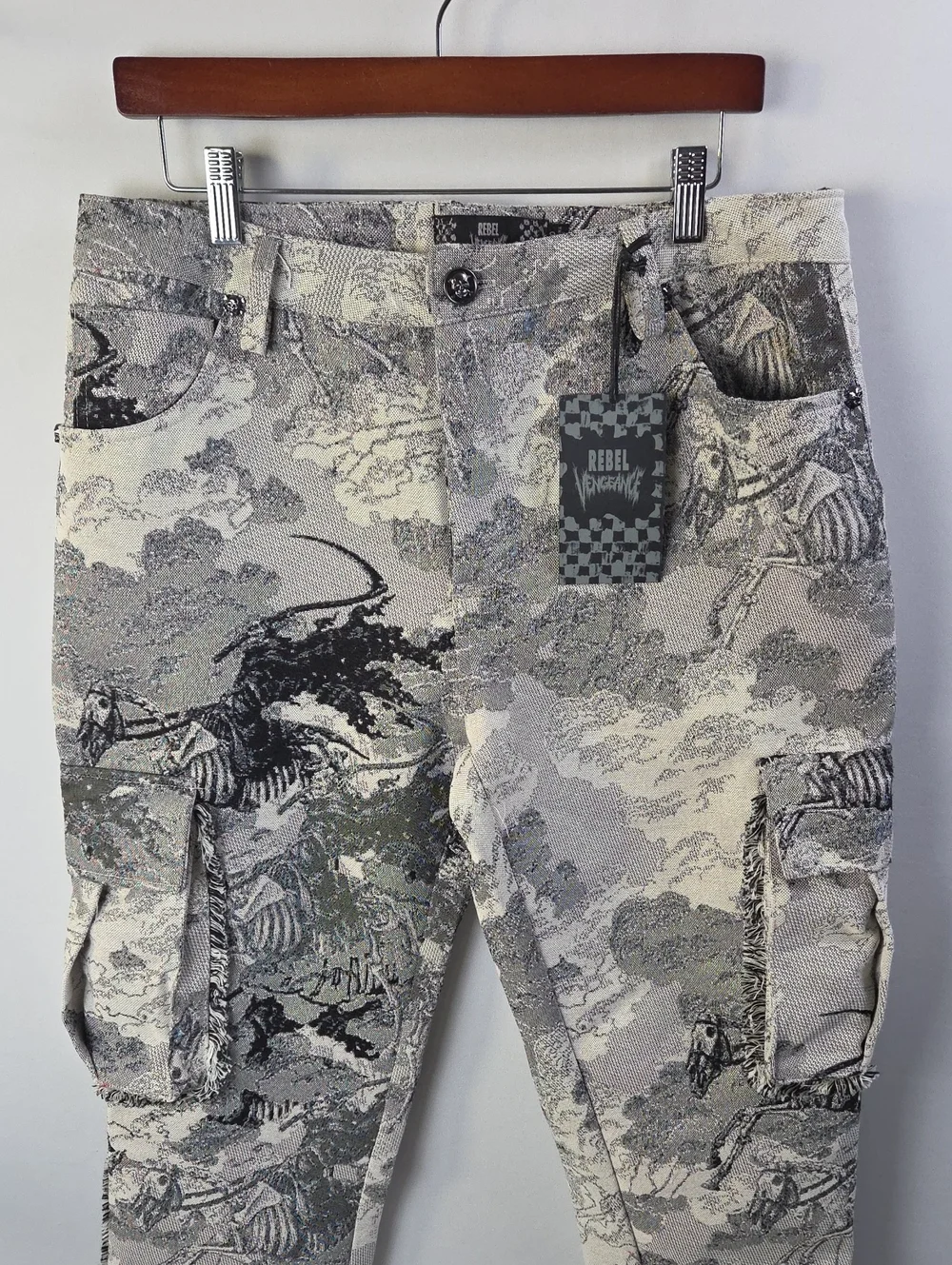 Rebel Vengeance Grim Reaper Skeleton Horse tapestry cargo pants Sz 32/30